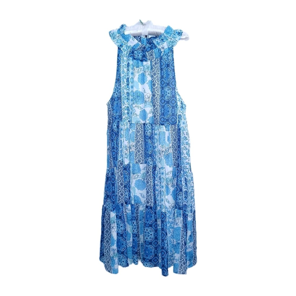 Kaktus Tiered Midi Dress 1X Blue Mixed Floral Patchwork Boho Cottagecore Hippie